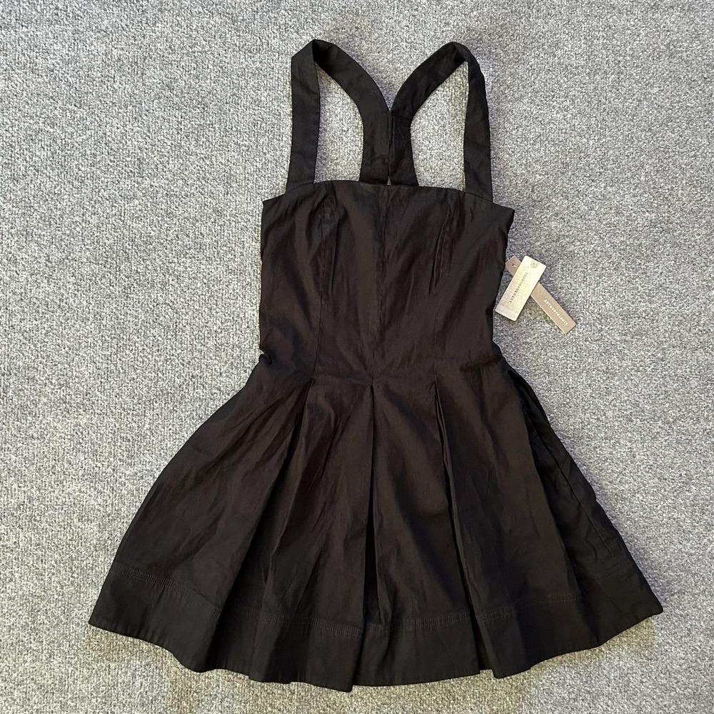 Anthropologie Dress Womens 00P Black Linen Blend Fit Flare Pleated Square Neck